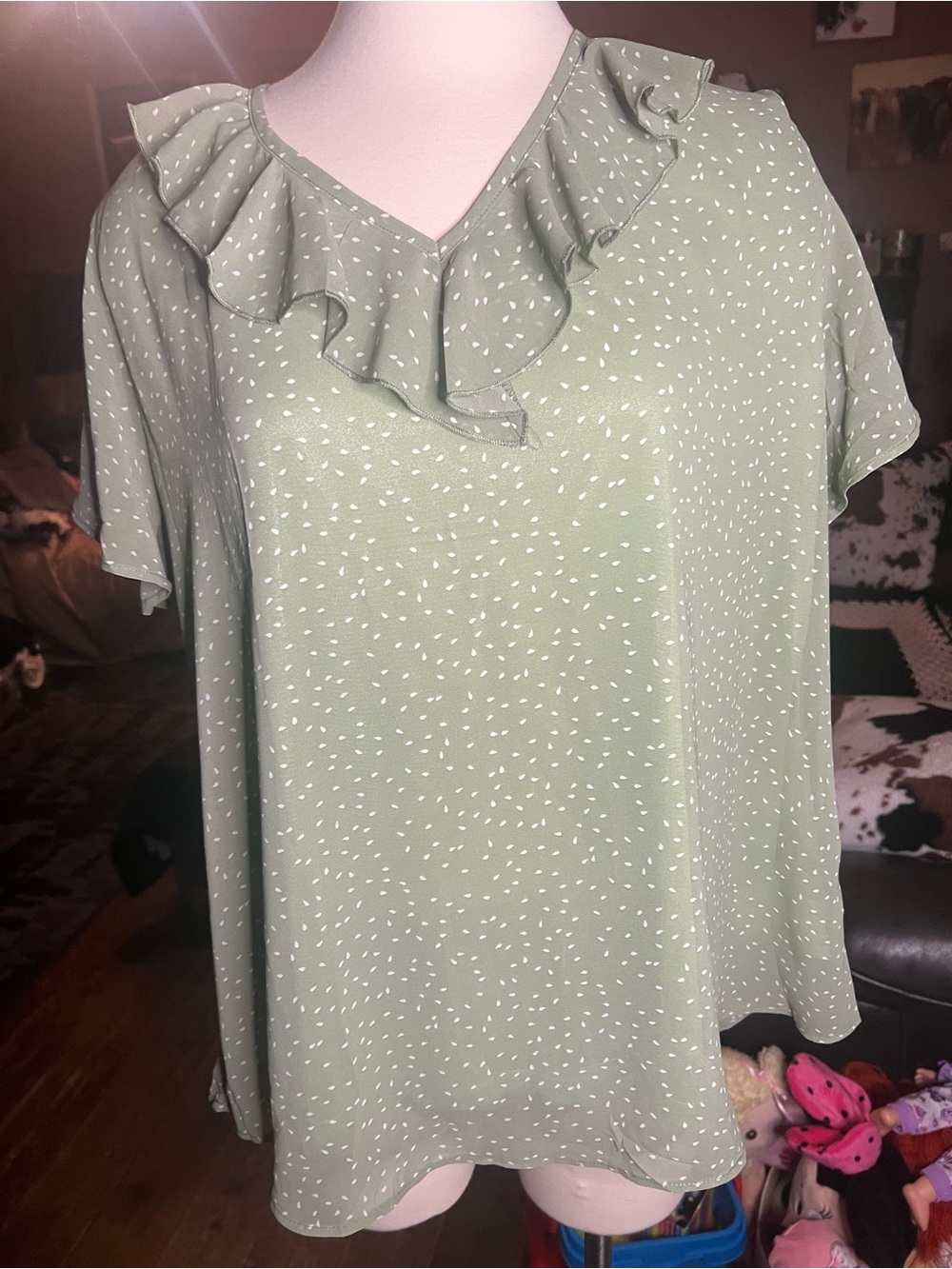Ruffle V-Neck Blouse in Sage Green with White Speckle
